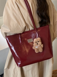 French vintage dark red patent leather underarm tote bag with a cute bear charm for women