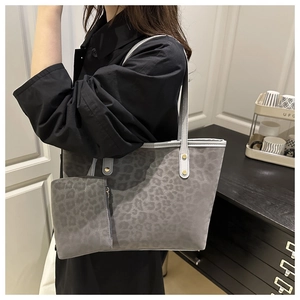 Gray leopard print tote bag and matching pouch set with shoulder straps for women