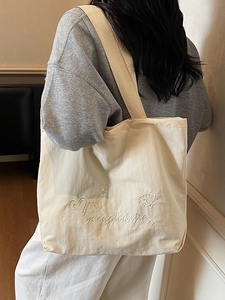 Women Canvas Tote Bag Heart Star Embroidery Large Capacity Shoulder Bag Casual School Student Commuter Shopping Handbag