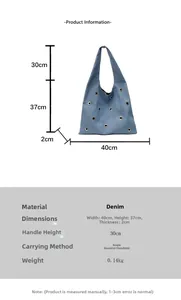 Tableau des tailles détaillé pour cabas en denim bleu avec œillets métalliques