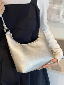 Silver metallic moon-shaped hobo shoulder bag with litchi grain texture for women