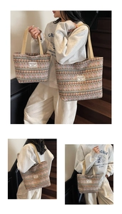 Detail view of large and medium bohemian woven tote bags with colorful geometric patterns