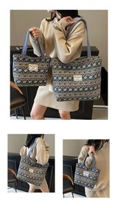Detail view of large and medium ethnic tote bags with blue geometric woven pattern