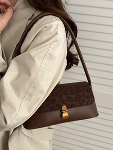 Retro leopard print shoulder bag with brown suede finish and vintage gold hardware buckle