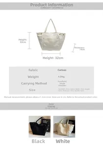 Detailed size chart for the large canvas tote bag showing dimensions and weight info