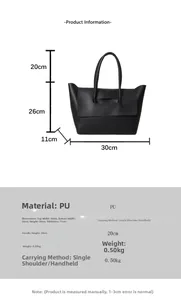 Guía de tallas detallada para bolso tote de cuero PU negro con dimensiones y asa larga
