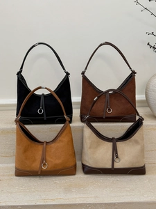 Retro large-capacity hobo tote bag in four classic colors with elegant contrast stitching