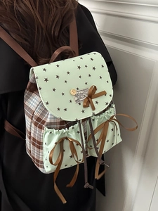 Japanese style mint green plaid backpack with stars and bow decoration for women