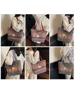 Detail of bohemian geometric tote bag with textured woven patterns and colored straps