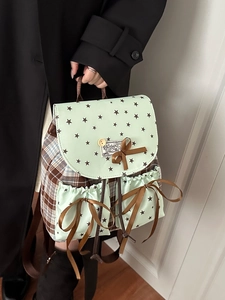 Japanese sweet style checkered backpack in mint green with star print and cute bows