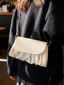 Chic pleated cloud shoulder bag in creamy white with silver chain strap for women