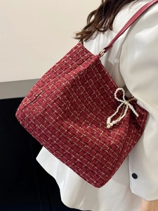 Damen Vintage Tweed Tote Bag Gewebter Goldfaden Handtasche Mit Kunstperlen Bogen Anhänger Große Kapazität Umhängetasche Täglich
