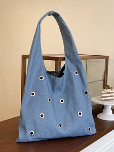 Sac à Épaule en Denim de Grande Capacité Femmes Sac Fourre-tout avec Oeillets Métalliques Industriels Cabas en Denim Minimaliste Léger