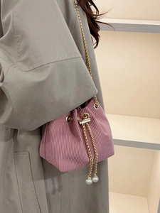 Corduroy Bucket Bag Artificial Pearl Chain Strap Drawstring Shoulder Crossbody Bag For Women Korean Minimalist Style Fashion Travel