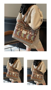 Detailed close-up of colorful ethnic woven pattern and fabric texture on a large tote bag