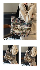 Detailed close-up of ethnic woven tote bag featuring geometric patterns and sturdy straps
