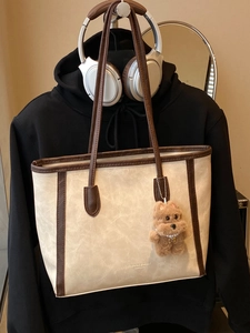 Large Capacity Women Retro PU Leather Tote Bag Fashion Shoulder Bag With Plush Puppy Pendant For School Commuting Casual Shopping