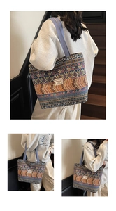 Detail of bohemian jacquard fabric on a large tote bag with wide purple shoulder straps