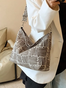 Geometric Pattern Canvas Tote Bag Large Capacity Women Shoulder Bag With Wide Strap Casual Commute Messenger Fashion Bag