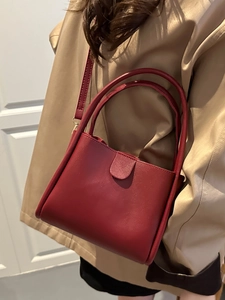 Women PU Leather Bucket Bag Minimalist Lychee Pattern Large Capacity Commute Shoulder Handbag Retro Versatile Tote Bag
