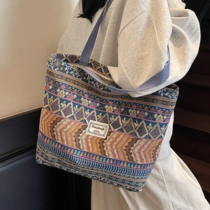 Ethnic Bohemian Jacquard Tote Bag For Women Vintage Pattern Fabric Large Capacity Shoulder Bag Student Commuter Handbag Versatile Travel Bag