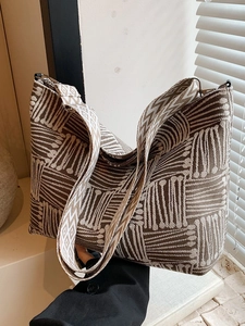 Brown and beige woven tote bag with wide strap, large capacity trendy shoulder bag style