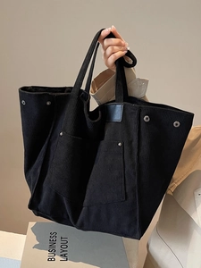 Large black corduroy tote bag for women with side rivets and magnetic buckle closure