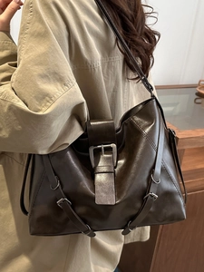Vintage large dark brown leather shoulder bag with buckle detail for daily commute