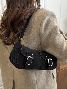 Women Retro PU Leather Baguette Bag Underarm Shoulder Bag With Double Front Pockets Silver Metal Buckle Simple Casual Fashion Handbag
