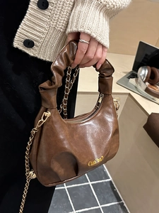 Borsa a mano retrò marrone in pelle PU a pieghe con catena dorata per stile da ufficio