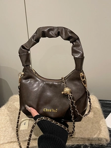 Borsa a tracolla retrò marrone scuro in pelle PU con manico arricciato e catena dorata
