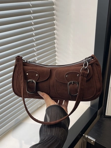 Retro dark brown suede underarm bag with dual pockets and silver buckles in winter style