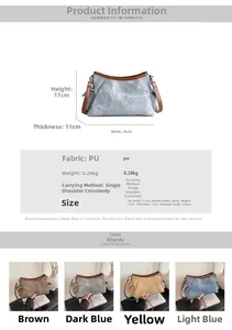 Detailed size chart for women shoulder bag showing dimensions and PU leather material specs