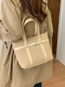 Vintage PU Leather Woven Texture Tote Bag For Women Large Capacity Shoulder Bag With Metal Buckle Detachable Strap Retro Handbag