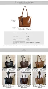 Size chart showing large PU leather tote dimensions for commuting shoulder bag