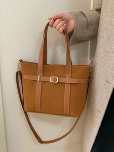 Caramel woven texture tote bag with metallic buckle and detachable shoulder strap