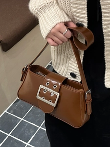 Women Retro Simple PU Leather Underarm Bag Fashion Large Metal Buckle Shoulder Bag Solid Color Baguette Bag Daily Commuting Handbag