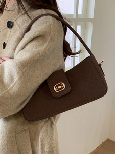 French style dark brown underarm bag with gold horsebit buckle and woolen texture