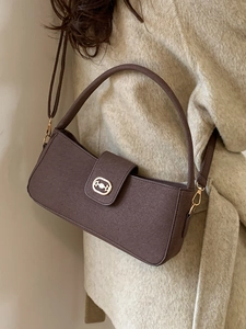 French style dark brown textured leather underarm bag with gold oval metal buckle decor