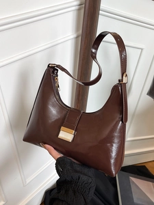 Women Vintage Underarm Shoulder Bag Glossy PU Leather Half Moon Hobo Bag With Gold Metal Buckle Retro Fashion Casual Handbag