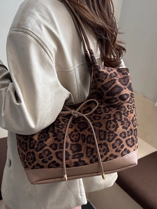 Mode Leopardenmuster Tote Bag Für Damen Große Kapazität Vintage PU Leder Umhängetasche Mit Schleife Lässig Pendeln Handtasche