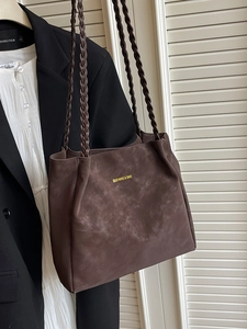 Women Large Capacity PU Leather Tote Bag Vintage Textured Shoulder Bag With Braided Strap Casual Commute Handbag For Ladies