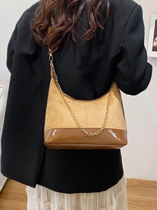 Borsa hobo retrò in pelle scamosciata kaki con finiture marroni e catena dorata