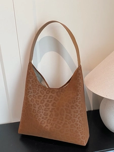 Brown leopard print PU leather shoulder bag with a minimalist large capacity design