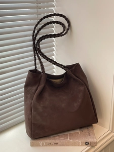 Retro dark brown faux suede tote bag with woven shoulder straps for women's daily commute