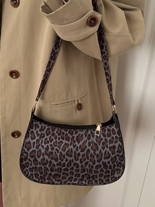 French style leopard print baguette bag with golden metal hardware and zipper