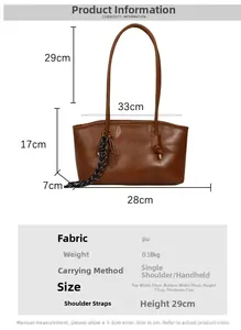 Size chart showing large capacity PU leather shoulder bag dimensions with strap details