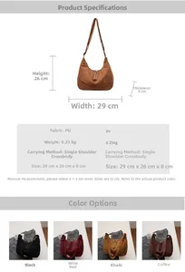 Size chart for casual large capacity hobo bag showing dimensions 29x26x8cm and 0.25kg weight