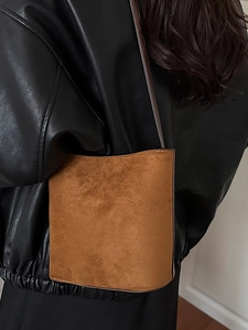 Women Retro Leopard Print Bucket Bag Minimalist Frosted Suede PU Shoulder Bag Casual Solid Color Crossbody Bags Daily Carry