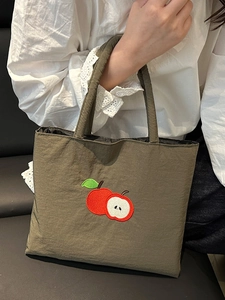 Casual Women Crinkle Canvas Tote Bag With Apple Embroidery Small Capacity Shoulder Bag For Daily Shopping Lunch Travel
